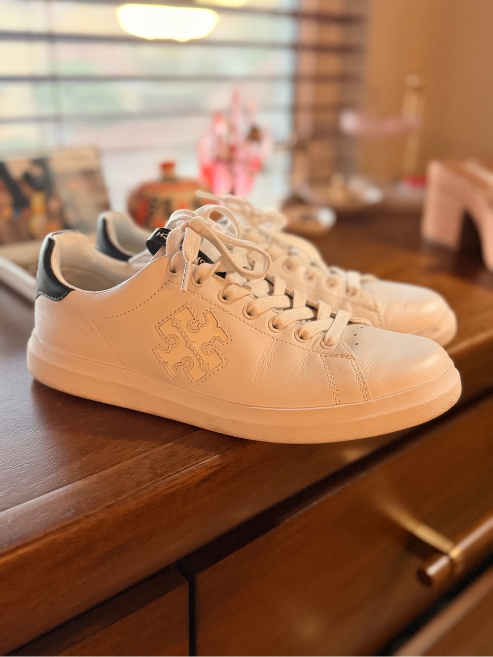 Tory Burch White Leather Sneakers with Black Heel Accent - Picture 2 of 10